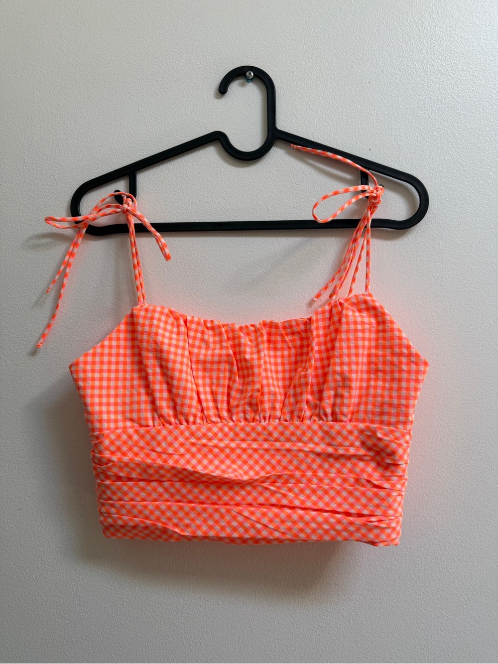 Zara Neon Orange and Pink Gingham Tie-Shoulder Crop Top